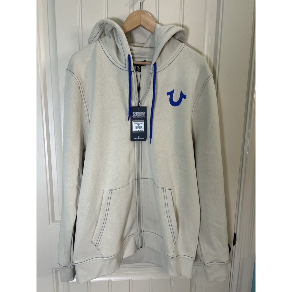True Religion Men Contrast Logo Zip Hoodie XLarge Fog Buddha Graphic Urban NWT